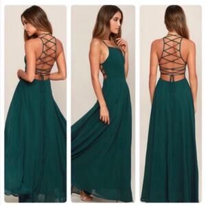 Lulus - Women’s Strappy To Be Here Forest Green lace up Maxi Dress M